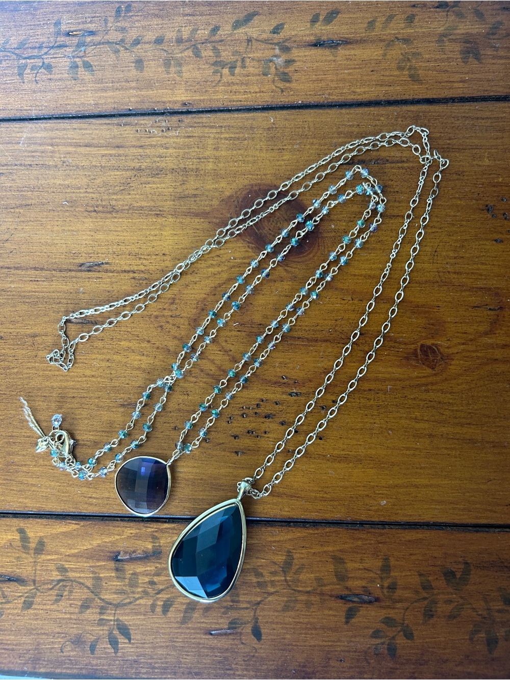 Set of 2 Gold Chain Necklace with Teardrop and Round Blue Pendants